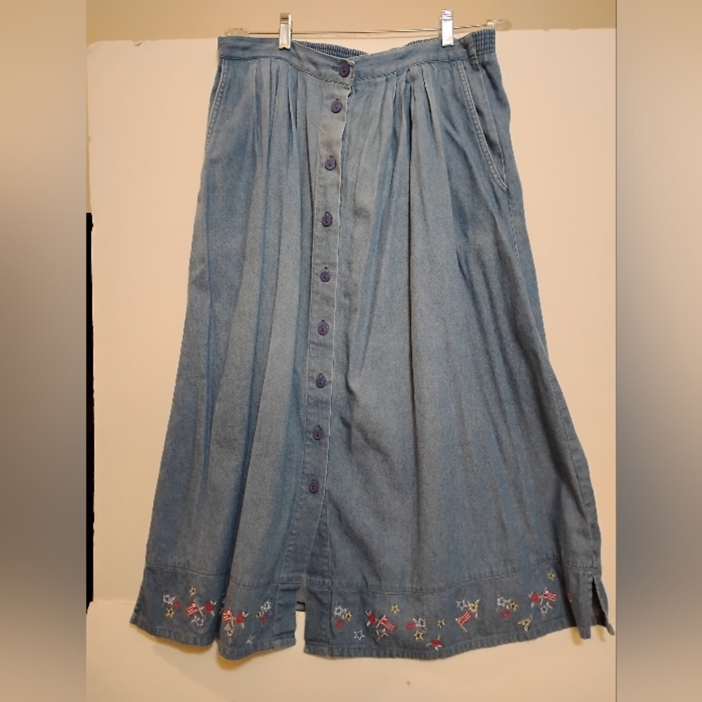 NAPA VALLEY (R) Embroidered Bottom Blue Denim Cotton Maxi Skirt Button Down 16
